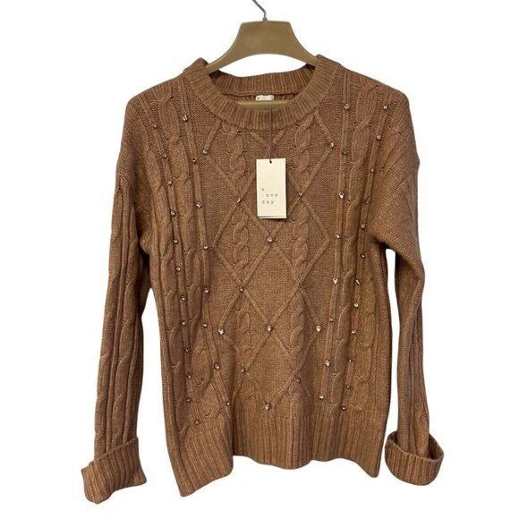 a new day Sweaters - NWT A New Day Womens Cable Knit Sweater W/ Rhinestones Light Brown Small